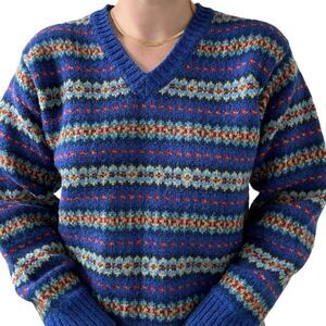 Vintage Brooks Brothers Blue Fair Isle Preppy 100% Wool V Neck Sweater Sz S